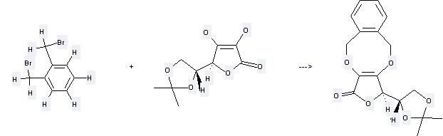 L-Ascorbicacid, 5,6-O-(1-methylethylidene)- can react with 1,2-bis-bromomethyl-benzene to produce 3-(2,2-Dimethyl-[1,3]dioxolan-4-yl)-5,10-dihydro-3H-2,4,11-trioxa-benzo[a]cyclopenta[e]cycloocten-1-one